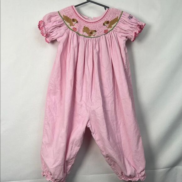 Claire and Charlie Pink Cotton smocked puppy embroidered jumpsuit EUC size 18m - Picture 1 of 12
